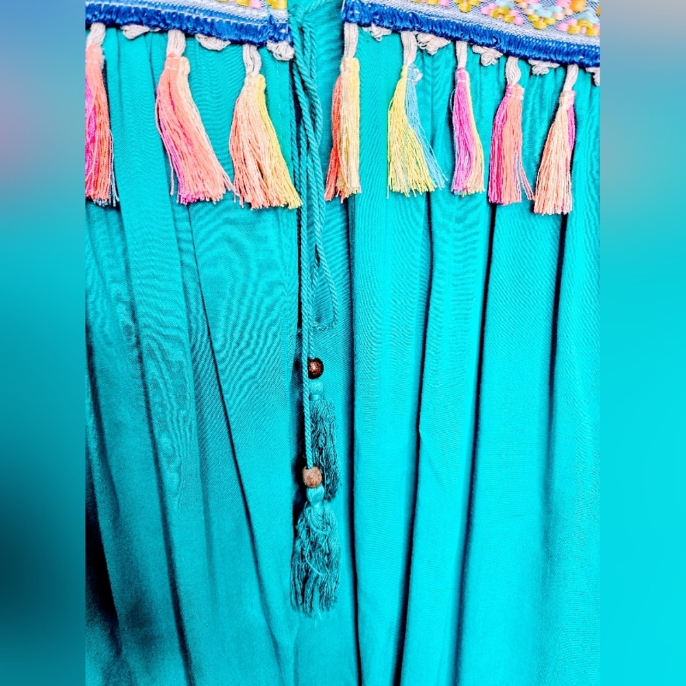 Desheng Sleeveless Summer Kimono Teal with Multicolor Tassels Women's S/M NEW - Picture 4 of 9